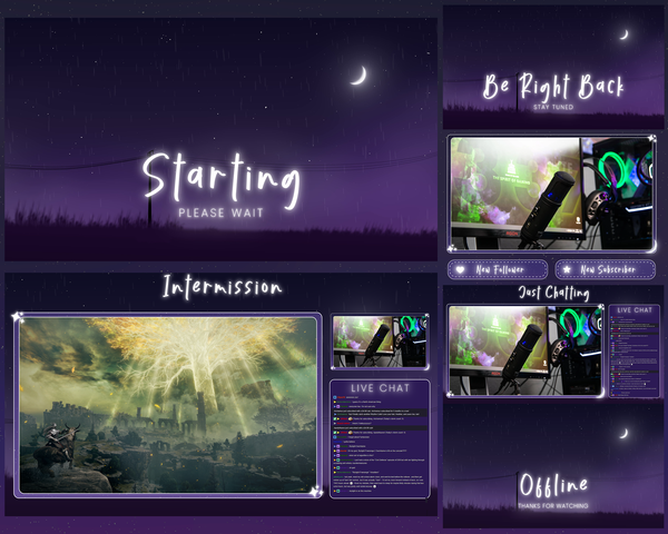 Enchanting Purple Moonlight Night Starry Animated Twitch Stream Overlay