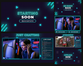 Neon Animated Twitch Overlays, Black and Cyan Glowing Stream Overlays