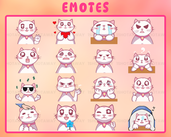 White & Pink Cat Twitch Emotes Pack