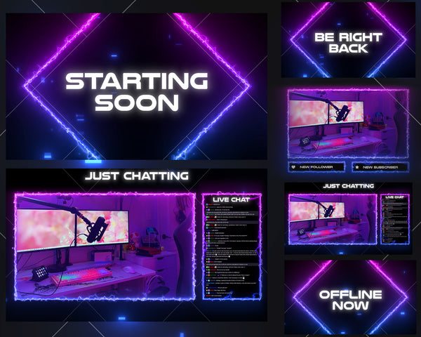 Neon Glitch Blue & Pink Animated Twitch Stream Overlay